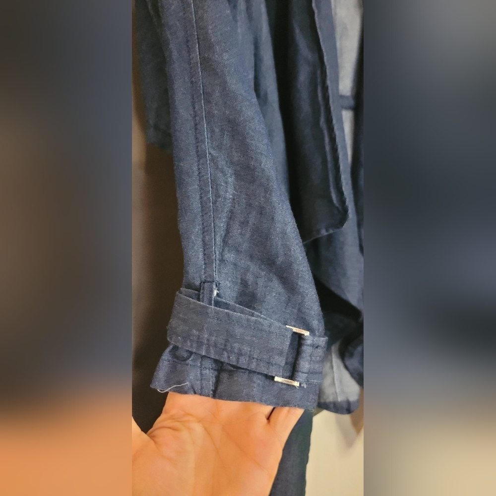 100% Cotton 1 Sunset Lane Womens Blue Denim Long Open Front Jacket Sz Med - Picture 4 of 13